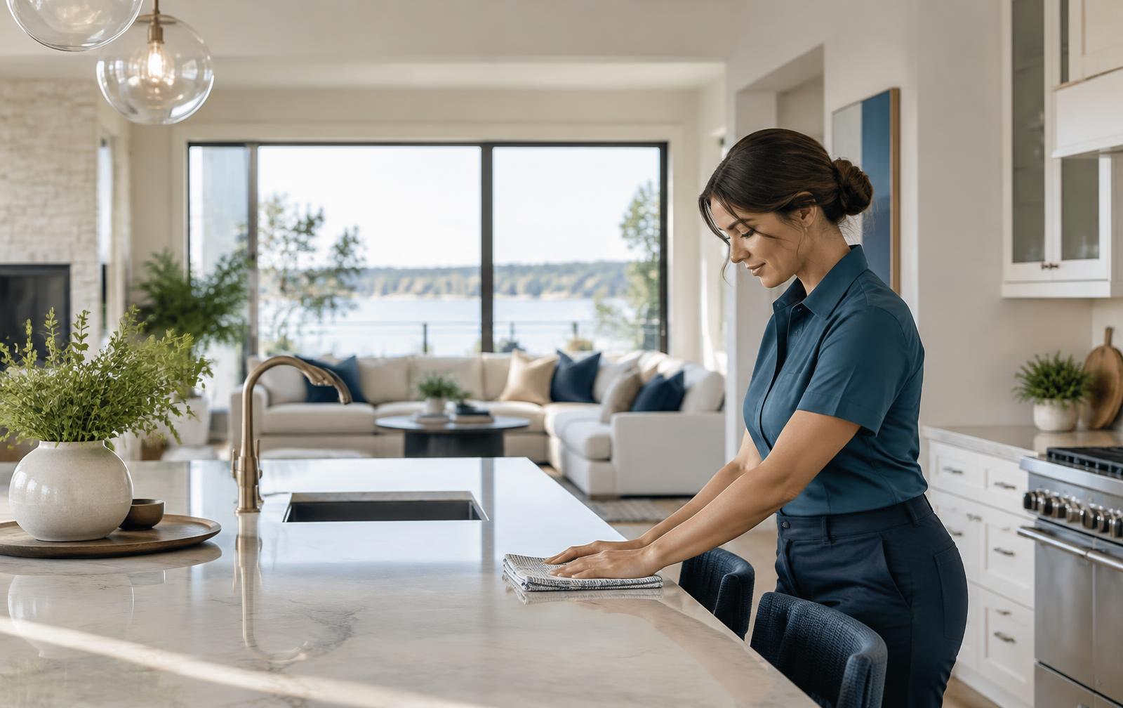 Professional cleaner caring for a bright modern kitchen